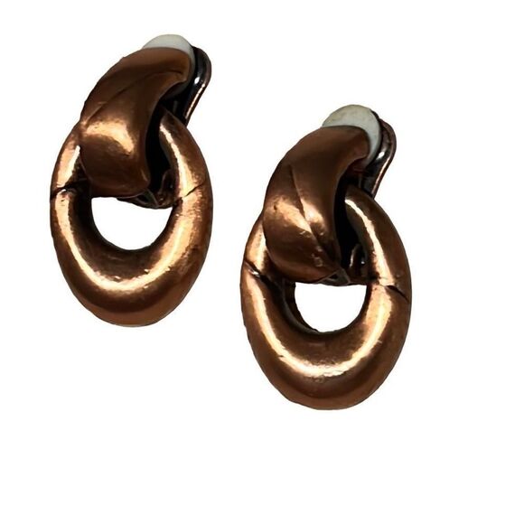 Vintage 1950s Copper Modernist Clip On Door Knocker Earrings - Picture 2 of 12